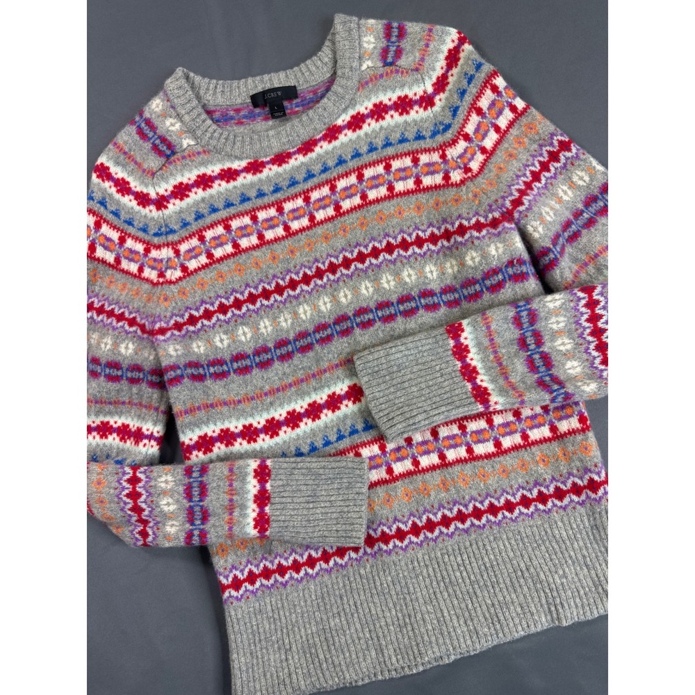 J.Crew Womens Gray Fair Isle 100% Wool Crewneck Sweater Large Multi-Color Stripe